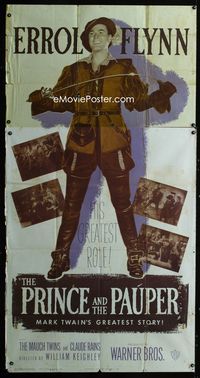 1m518 PRINCE & THE PAUPER three-sheet R49 full-length Errol Flynn laughing with sword in hand!