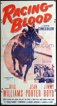 1m523 RACING BLOOD three-sheet poster '54 huge image of jockey Jimmy Boyd riding horse at race!