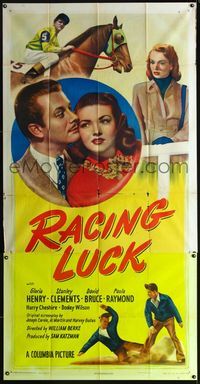 1m524 RACING LUCK three-sheet '48 Gloria Henry, David Bruce, jockey Stanley Clements, horse racing!