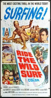1m531 RIDE THE WILD SURF three-sheet movie poster '64 Fabian, most classic surfing artwork image!