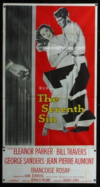 1m562 SEVENTH SIN three-sheet '57 sexy Eleanor Parker betrays Bill Travers, cool full-length image!