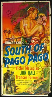 1m577 SOUTH OF PAGO PAGO 3sheet '40 great stone litho art of tropical Frances Farmer & Jon Hall!