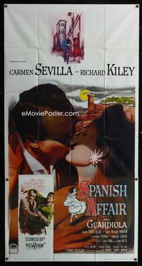 1m578 SPANISH AFFAIR 3sheet '57 giant close up of Richard Kiley kissing Carmen Sevilla, Don Siegel