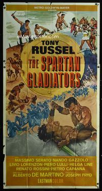 1m579 SPARTAN GLADIATORS 3sheet '64 great sword and sandal artwork of men fighting hand to hand!