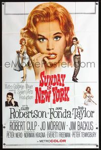 1m594 SUNDAY IN NEW YORK three-sheet poster '64 huge sexy close up art of Jane Fonda, Rod Taylor