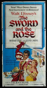 1m596 SWORD & THE ROSE 3sheet '53 Walt Disney, art of Richard Todd swinging sword by Glynis Johns!