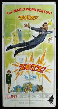 1m652 ZOTZ three-sheet '62 William Castle sci-fi comedy, artwork of Tom Poston flying with birds!