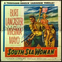 1m026 SOUTH SEA WOMAN six-sheet '53 close up of Burt Lancaster & sexy Virginia Mayo in small boat!