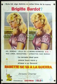 1m049 BABETTE GOES TO WAR Argentinean movie poster '60 two super sexy images of Brigitte Bardot!