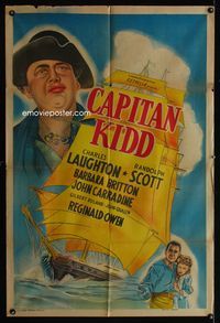 1m063 CAPTAIN KIDD Argentinean movie poster '45 cool artwork of pirate Charles Laughton & his ship!