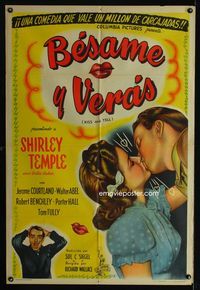 1m105 KISS & TELL Argentinean movie poster '45 artwork of Shirley Temple kissing Jerome Courtland!