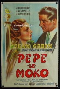 1m145 PEPE LE MOKO Argentinean poster '40s c/u art of Jean Gabin & Mireille Balin, Julien Duvivier