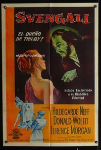 1m186 SVENGALI Argentinean movie poster '55 art of Donald Wolfit hypnotizing sexy Hildegarde Neff!