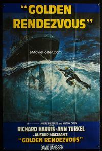 1m394 GOLDEN RENDEZVOUS top 2/3 English 3sheet '78 cool art of scuba diver dragged by ocean liner!