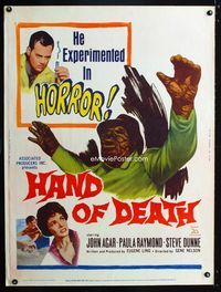1n122 HAND OF DEATH Thirty by Forty poster '62 he experimented in horror, DOOM was in his grasp!