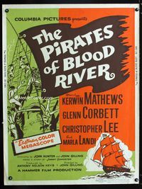 1n204 PIRATES OF BLOOD RIVER Thirty by Forty '62 Kerwin Mathews, Hammer, cool pirate ship art!