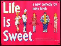 1n047 LIFE IS SWEET British quad movie poster '90 Mike Leigh English comedy, artwork of top 5 stars!