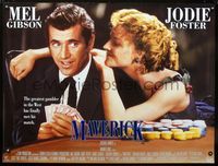 1n051 MAVERICK DS British quad poster '94 great image of Mel Gibson & Jodie Foster playing poker!