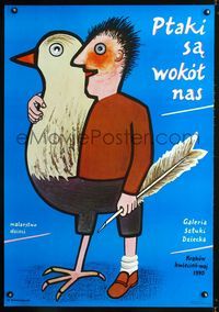1o563 PTAKI SA WOKOT NAS Polish art exhibition poster '90 cool chicken man art by W. Kwasniewski!