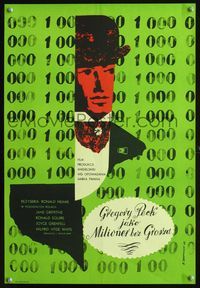 1o709 MAN WITH A MILLION Polish 16x23 poster '54 Gregory Peck, Mark Twain, cool art by J. Srokowski!