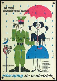 1o675 SEE YOU ON SUNDAY Polish 23x33 '60 art of soldier holding umbrella for girl by M. Stachurski!