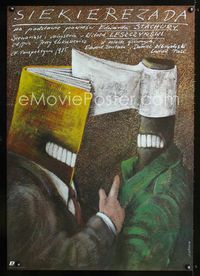 1o584 SIEKIEREZADA Polish poster '85 wacky art of axe man & book man fighting by Andrzej Pagowski!