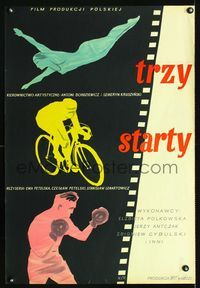 1o686 THREE STARTS Polish 23x33 movie poster '55 cool sports art of diving, cycling and boxing!