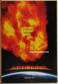 1p025 ARMAGEDDON DS teaser one-sheet movie poster '98 Bruce Willis, Ben Affleck, Liv Tyler