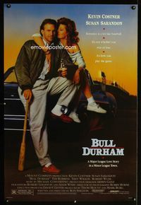 1p064 BULL DURHAM one-sheet '88 great image of baseball player Kevin Costner & sexy Susan Sarandon!