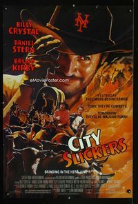 1p078 CITY SLICKERS advance one-sheet '91 great artwork of cowboys Billy Crystal & Daniel Stern!