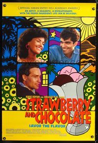 1p359 STRAWBERRY & CHOCOLATE one-sheet poster '94 Spanish comedy, Jorge Perugorria, Vladimir Cruz