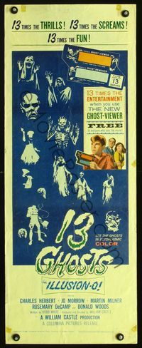 1q005 13 GHOSTS insert movie poster '60 William Castle, cool horror in ILLUSION-O!