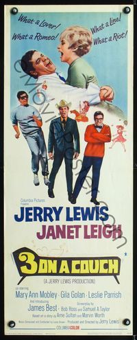 1q008 3 ON A COUCH insert movie poster '66 great image of Jerry Lewis squeezing Janet Leigh!