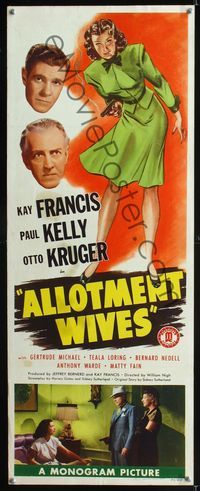1q026 ALLOTMENT WIVES insert movie poster '45 artwork of sexy Kay Francis with smoking gun!