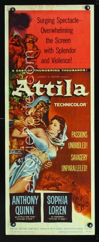 1q036 ATTILA insert poster '58 cool art of Anthony Quinn as The Hun grabbing sexy Sophia Loren!