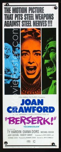 1q058 BERSERK insert movie poster '67 crazy Joan Crawford, sexy Diana Dors, circus horror!