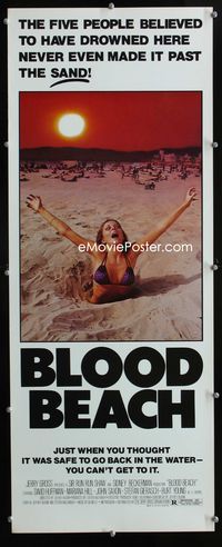 1q070 BLOOD BEACH insert movie poster '81 classic girl in bikini sinking in quicksand image!