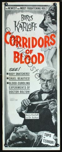 1q123 CORRIDORS OF BLOOD insert '63 Boris Karloff, Christopher Lee, blood-curdling experiments!