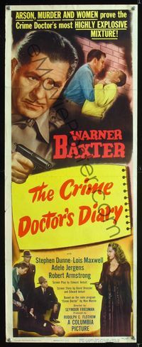 1q127 CRIME DOCTOR'S DIARY insert movie poster '49 cool art of detective Warner Baxter with gun!
