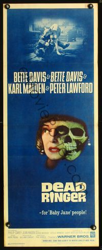 1q142 DEAD RINGER insert movie poster '64 creepy Bette Davis & skull image, plus dog attack!
