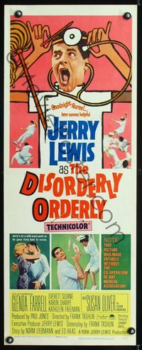1q155 DISORDERLY ORDERLY insert movie poster '65 artwork of wackiest hospital nurse Jerry Lewis!