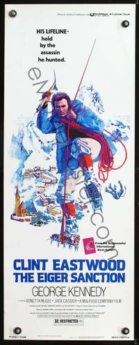 1q167 EIGER SANCTION insert movie poster '75 J.A. art of mountain climber Clint Eastwood!