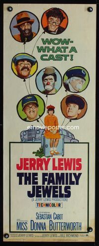 1q185 FAMILY JEWELS insert movie poster '65 Jerry Lewis is seven times nuttier in seven roles!