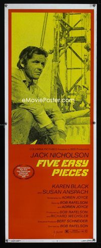 1q202 FIVE EASY PIECES insert movie poster '70 great image of Jack Nicholson, Bob Rafelson