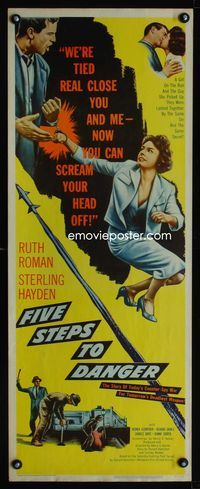 1q203 FIVE STEPS TO DANGER insert '57 great artwork of Sterling Hayden handcuffed to Ruth Roman!
