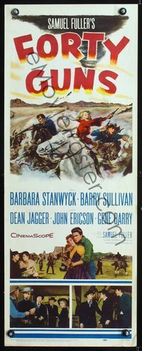 1q215 FORTY GUNS insert poster '57 Samuel Fuller, cool art of Barbara Stanwyck & Barry Sullivan!