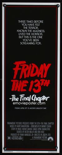 1q223 FRIDAY THE 13th 4 insert movie poster '84 slasher sequel, this is Jason's unlucky day!