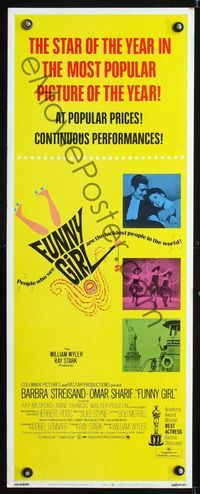 1q231 FUNNY GIRL insert movie poster '69 Barbra Streisand, Omar Sharif, William Wyler