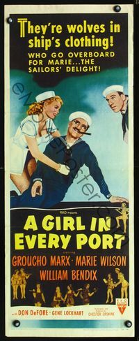 1q245 GIRL IN EVERY PORT insert poster '52 artwork of wacky sailor Groucho Marx & sexy Marie Wilson!