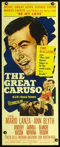 1q270 GREAT CARUSO insert movie poster '51 huge close up headshot of Mario Lanza, Ann Blyth